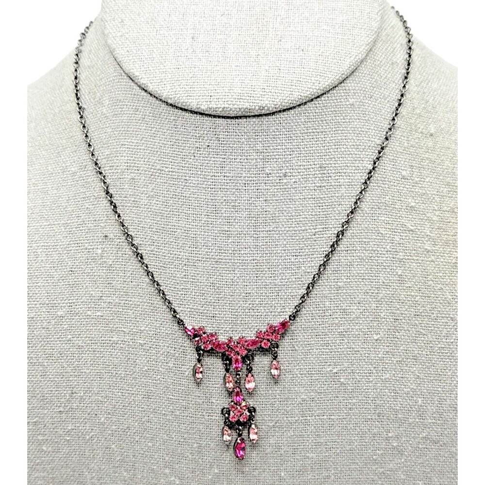 New VIESTE Pink Austrian Crystal Dangle Pendant Necklace Genuine Gems 16-18" NWT